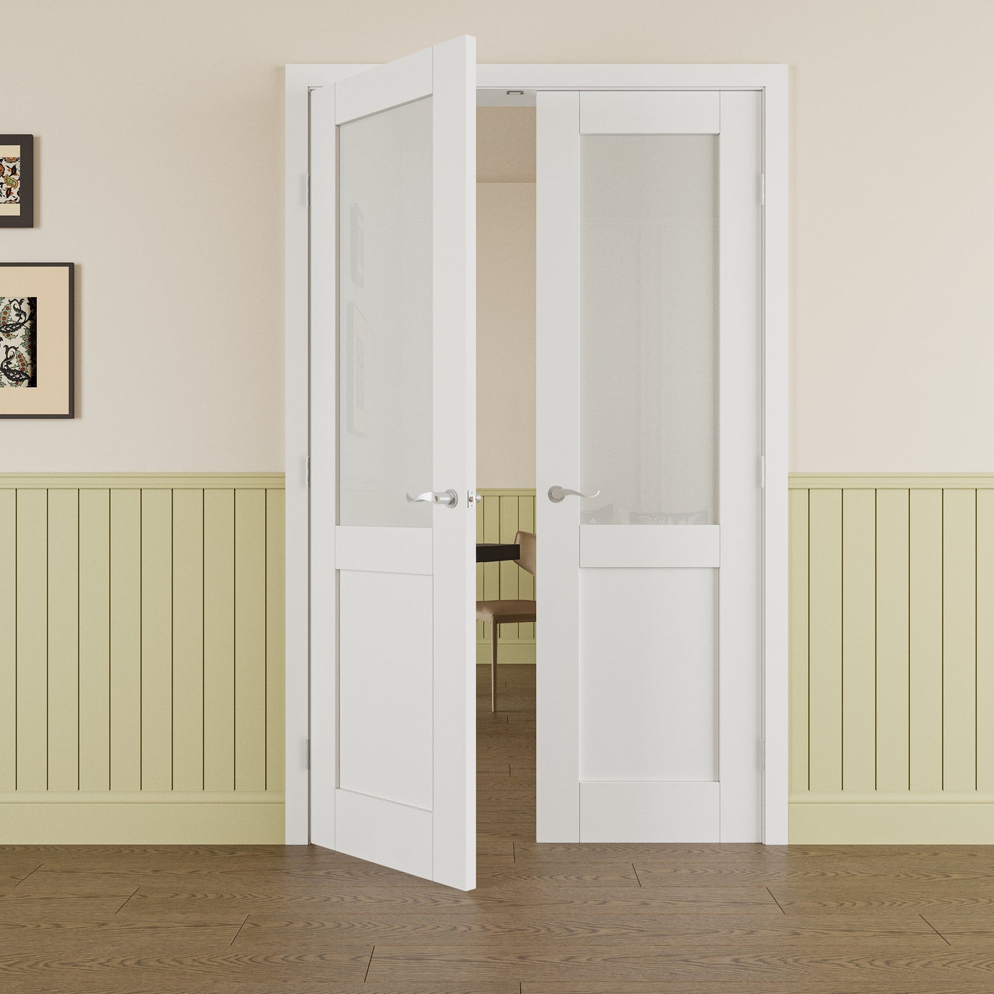 JUJUBON Prehung French Door, Half-Lite Frosted Glass Panel with Sliver Handware Kits, 4 Levers & Latch, Solid Core Interior Doors, Pre-Finished & Paintable, MDF Double Doors Interior