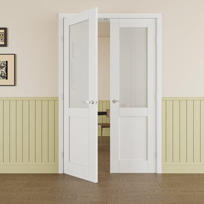 JUJUBON Prehung French Door, Half-Lite Frosted Glass Panel with Sliver Handware Kits, 4 Levers & Latch, Solid Core Interior Doors, Pre-Finished & Paintable, MDF Double Doors Interior