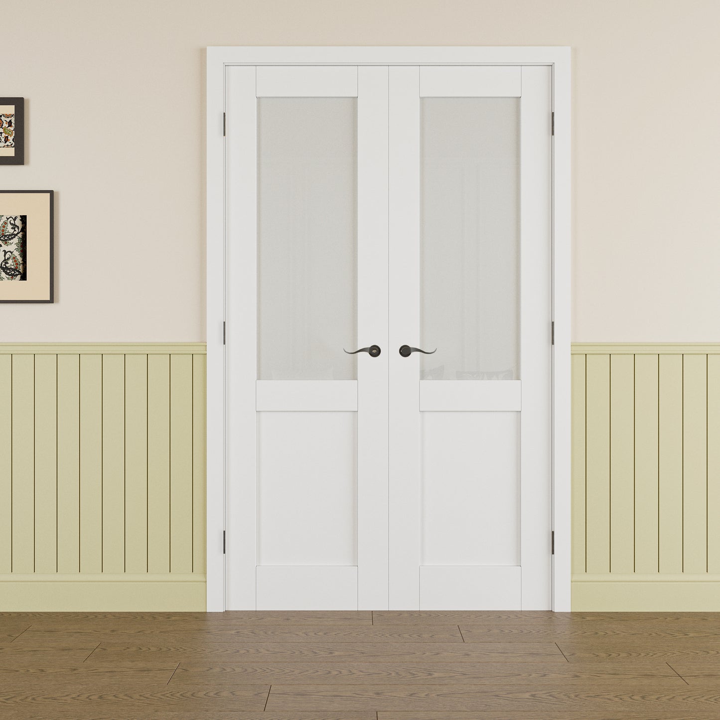 JUJUBON Prehung French Door, Half Tempered Frosted Glass Door Slabs with Jamb, Black Hinges, 4 Levers & Latch, Solid Core Interior Doors, Pre-Finished & Paintable, MDF Double Doors Interior
