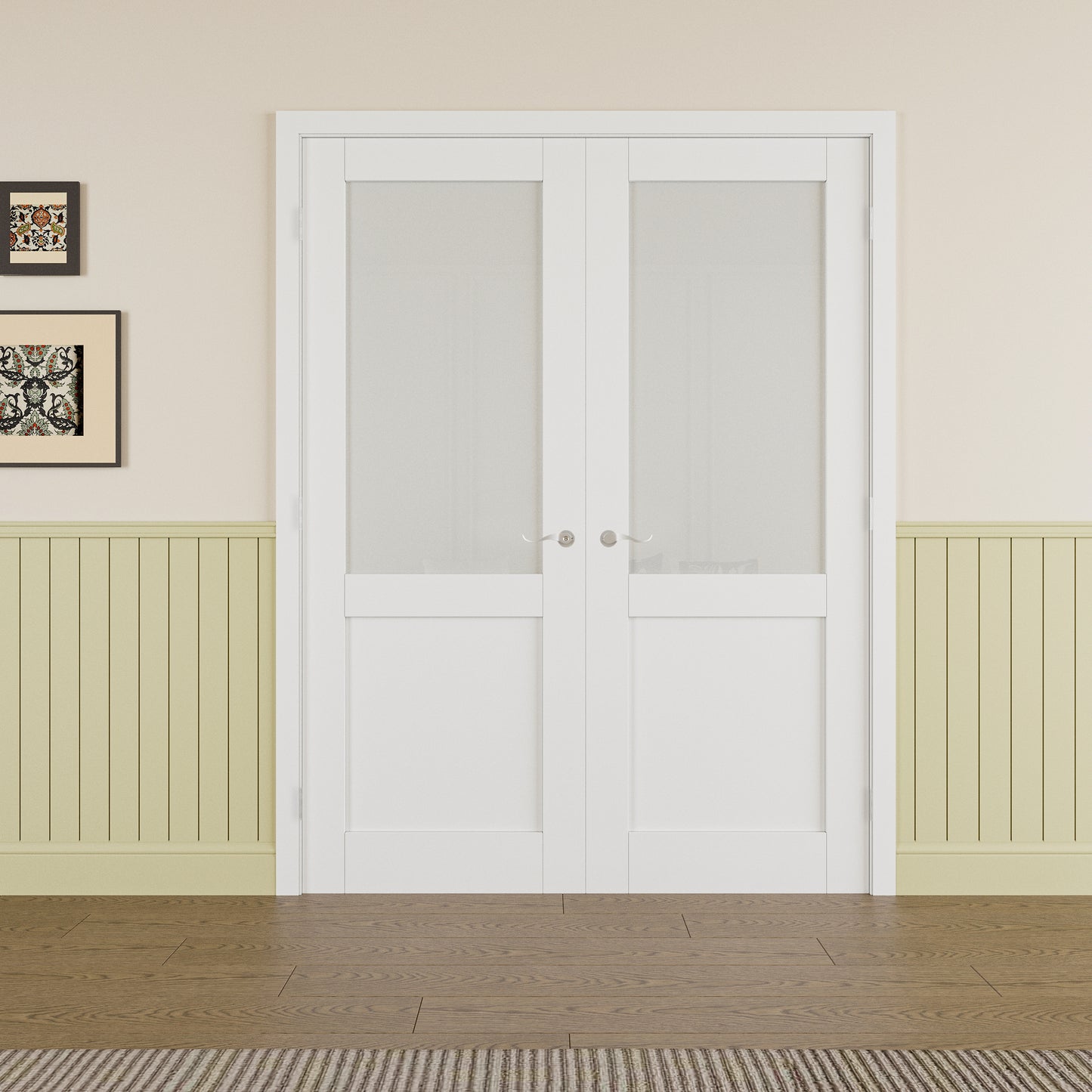 JUJUBON Prehung French Door, Half-Lite Frosted Glass Panel with Sliver Handware Kits, 4 Levers & Latch, Solid Core Interior Doors, Pre-Finished & Paintable, MDF Double Doors Interior