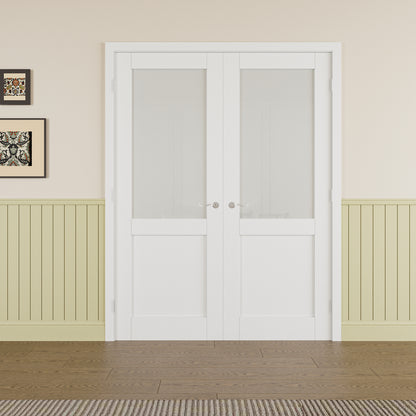 JUJUBON Prehung French Door, Half-Lite Frosted Glass Panel with Sliver Handware Kits, 4 Levers & Latch, Solid Core Interior Doors, Pre-Finished & Paintable, MDF Double Doors Interior