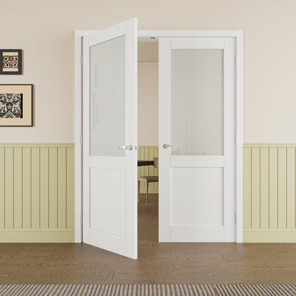 JUJUBON Prehung French Door, Half-Lite Frosted Glass Panel with Sliver Handware Kits, 4 Levers & Latch, Solid Core Interior Doors, Pre-Finished & Paintable, MDF Double Doors Interior