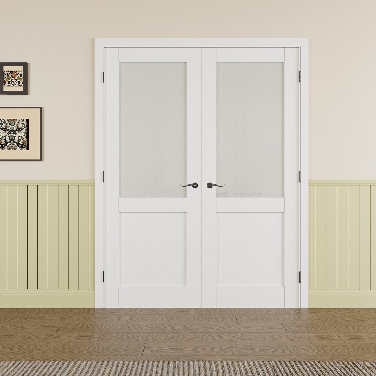 JUJUBON Prehung French Door, Half Tempered Frosted Glass Door Slabs with Jamb, Black Hinges, 4 Levers & Latch, Solid Core Interior Doors, Pre-Finished & Paintable, MDF Double Doors Interior