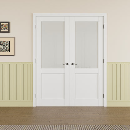 JUJUBON Prehung French Door, Half Tempered Frosted Glass Door Slabs with Jamb, Black Hinges, 4 Levers & Latch, Solid Core Interior Doors, Pre-Finished & Paintable, MDF Double Doors Interior