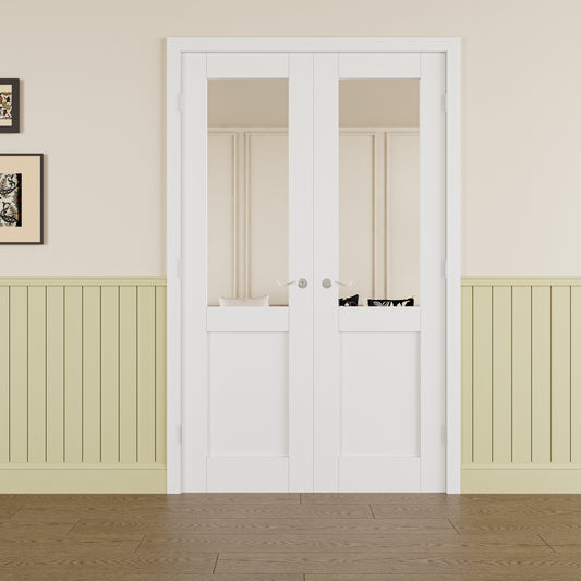 JUJUBON Prehung French Door, Half Mirror Door Slabs with Sliver Handware Kits, 4 Levers & Latch, Solid Core Interior Doors, Pre-Finished & Paintable, One Side Mirror & The Opposite White