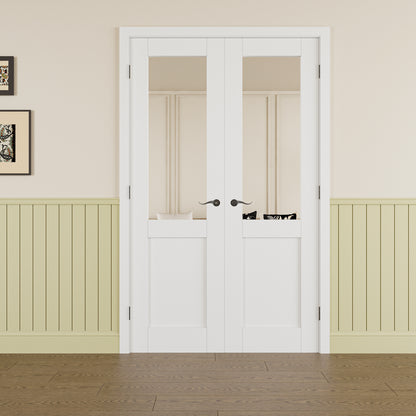 JUJUBON Prehung French Door, Half Mirror Door Slabs with Jamb, Black Hinges, 4 Levers & Latch, Solid Core Interior Doors, Pre-Finished & Paintable, One Side Mirror & The Opposite White