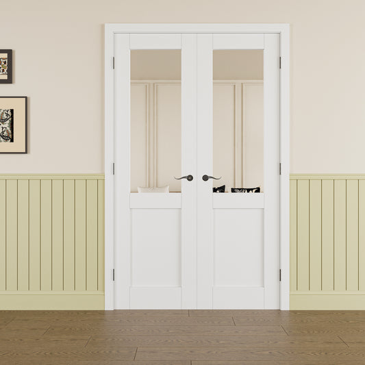 JUJUBON Prehung French Door, Half Mirror Door Slabs with Jamb, Black Hinges, 4 Levers & Latch, Solid Core Interior Doors, Pre-Finished & Paintable, One Side Mirror & The Opposite White