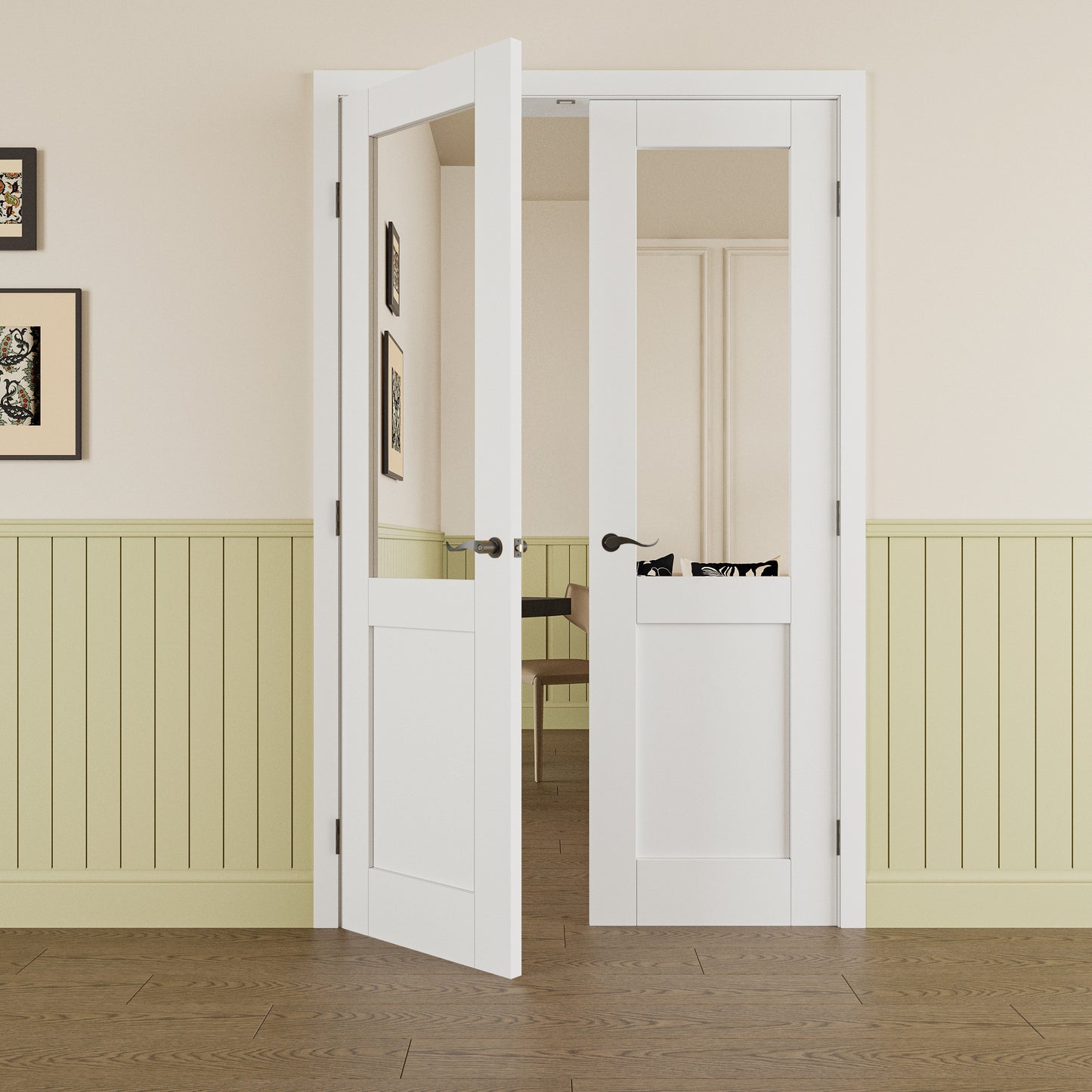 JUJUBON Prehung French Door, Half Mirror Door Slabs with Jamb, Black Hinges, 4 Levers & Latch, Solid Core Interior Doors, Pre-Finished & Paintable, One Side Mirror & The Opposite White