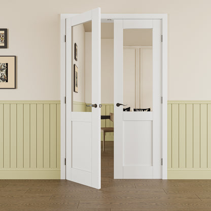 JUJUBON Prehung French Door, Half Mirror Door Slabs with Jamb, Black Hinges, 4 Levers & Latch, Solid Core Interior Doors, Pre-Finished & Paintable, One Side Mirror & The Opposite White