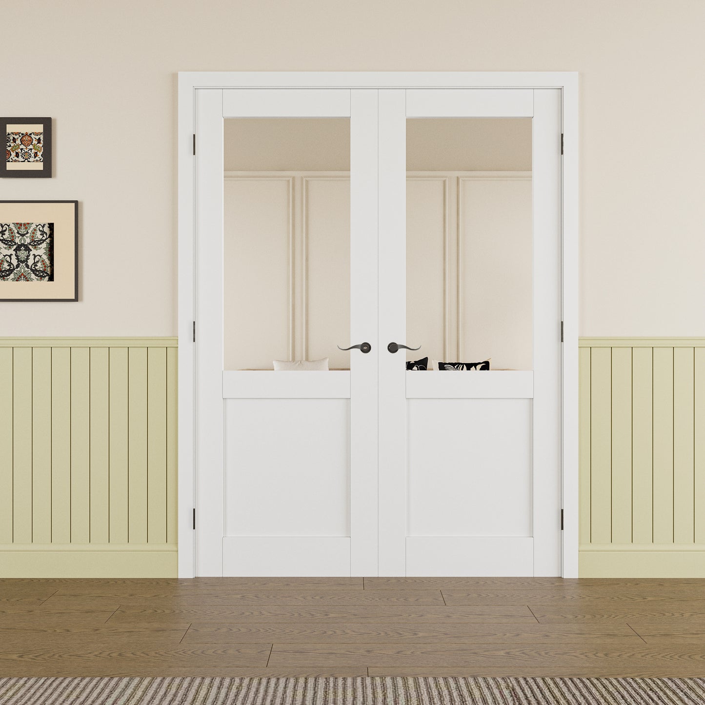 JUJUBON Prehung French Door, Half Mirror Door Slabs with Jamb, Black Hinges, 4 Levers & Latch, Solid Core Interior Doors, Pre-Finished & Paintable, One Side Mirror & The Opposite White