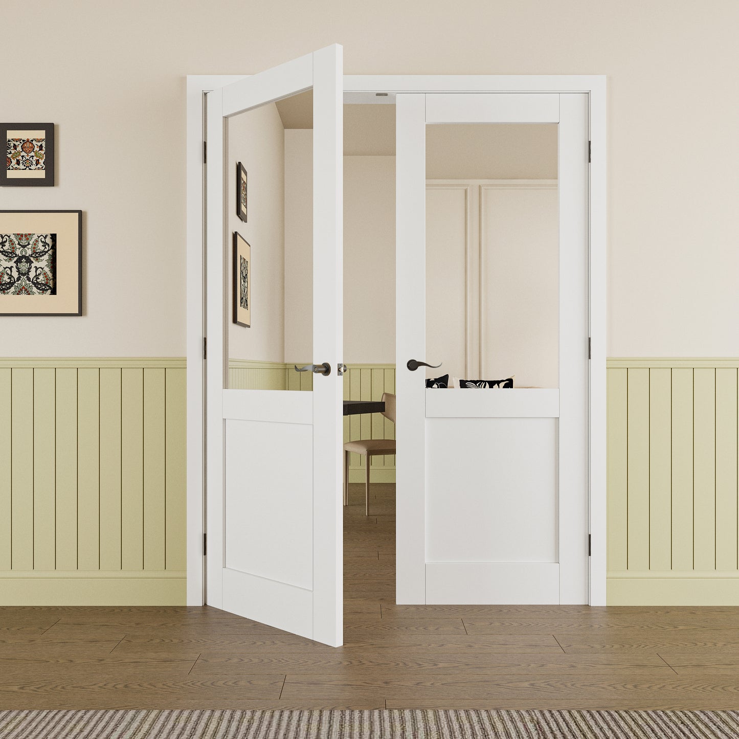 JUJUBON Prehung French Door, Half Mirror Door Slabs with Jamb, Black Hinges, 4 Levers & Latch, Solid Core Interior Doors, Pre-Finished & Paintable, One Side Mirror & The Opposite White