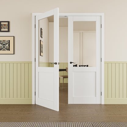 JUJUBON Prehung French Door, Half Mirror Door Slabs with Jamb, Black Hinges, 4 Levers & Latch, Solid Core Interior Doors, Pre-Finished & Paintable, One Side Mirror & The Opposite White
