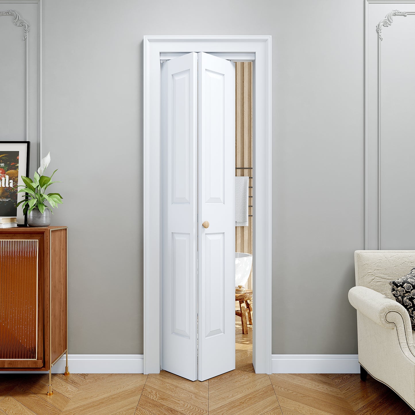 [Paintable] JUJUBON 4 Panel BiFold Doors, Hardware Kit Included, Interior Folding Door Pre-Drilled Holes Easy Assembly,White