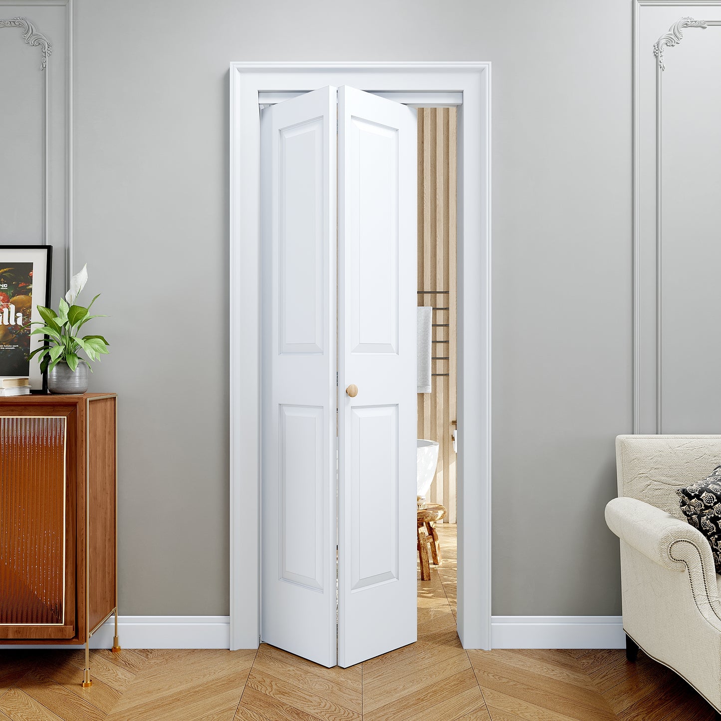[Paintable] JUJUBON 4 Panel BiFold Doors, Hardware Kit Included, Interior Folding Door Pre-Drilled Holes Easy Assembly,White