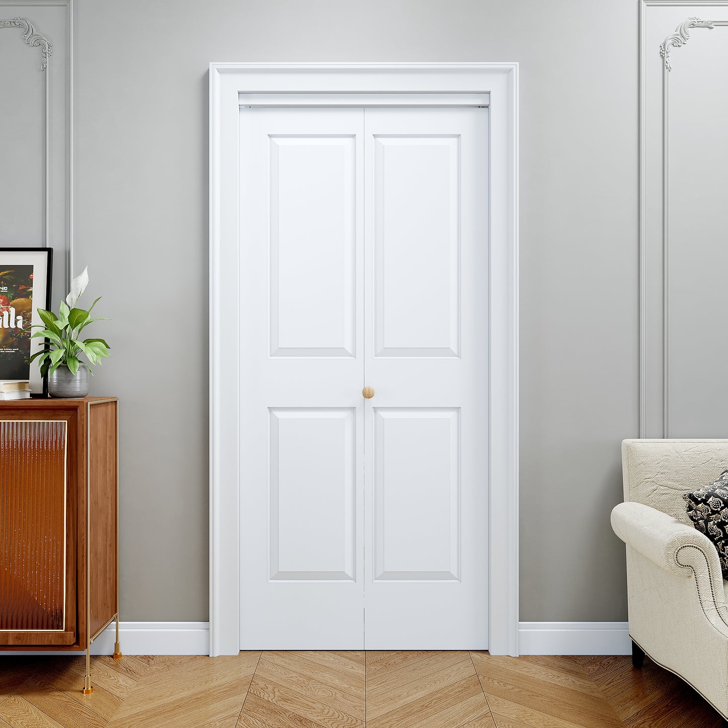 [Paintable] JUJUBON 4 Panel BiFold Doors, Hardware Kit Included, Interior Folding Door Pre-Drilled Holes Easy Assembly,White