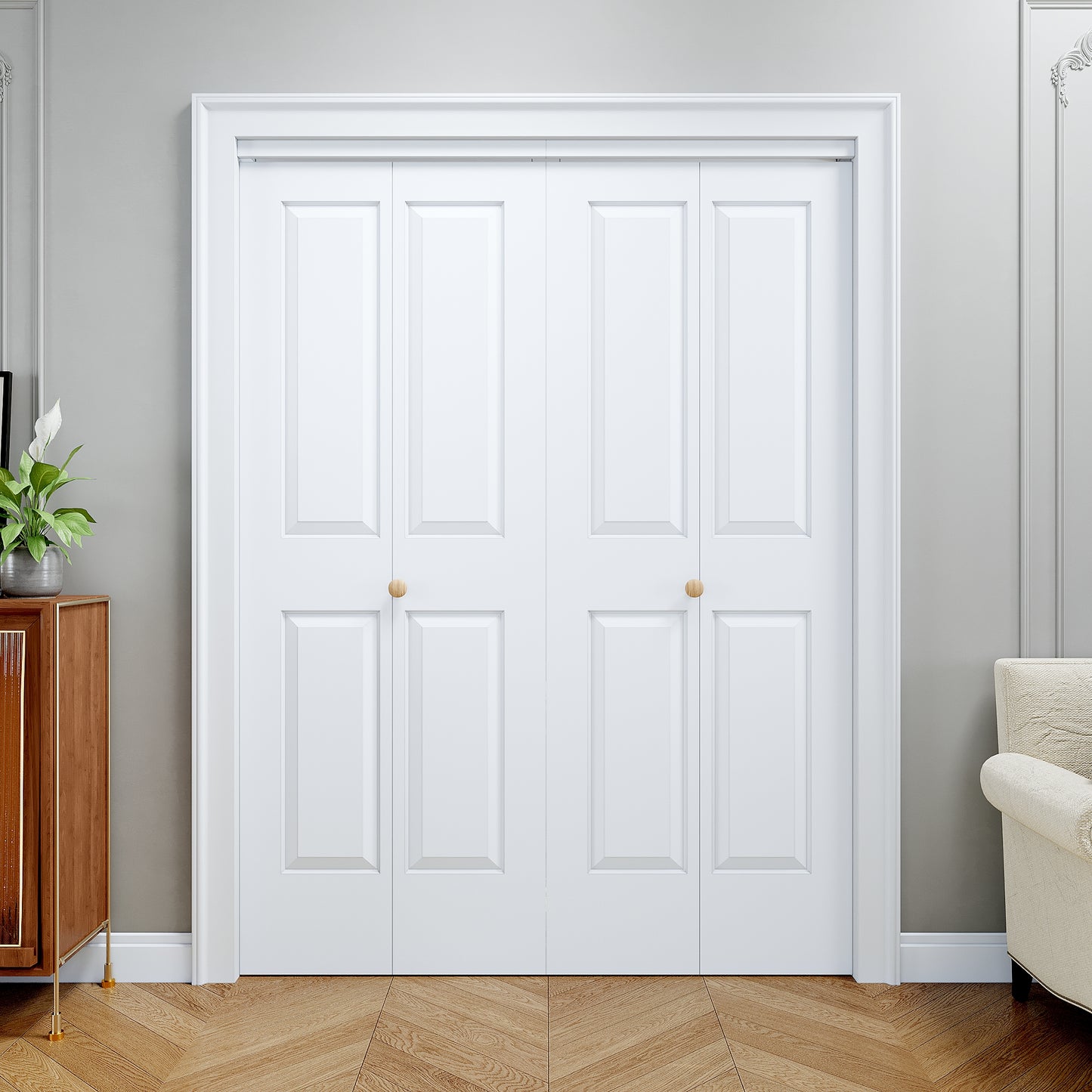 [Paintable] JUJUBON 4 Panel BiFold Doors, Hardware Kit Included, Interior Folding Door Pre-Drilled Holes Easy Assembly,White