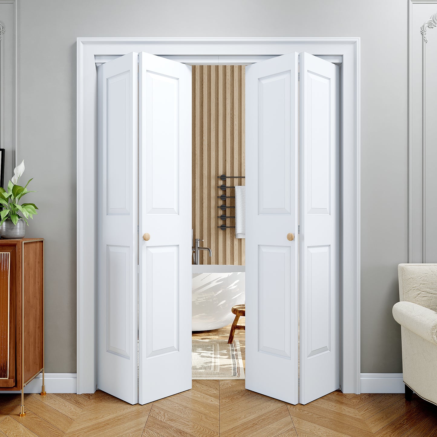 [Paintable] JUJUBON 4 Panel BiFold Doors, Hardware Kit Included, Interior Folding Door Pre-Drilled Holes Easy Assembly,White