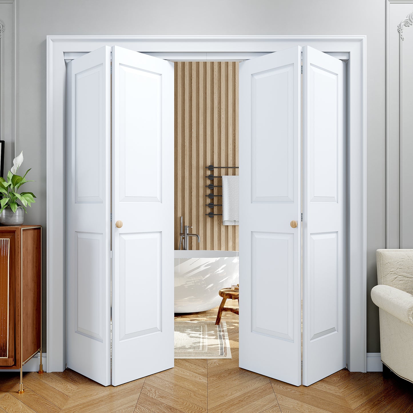 [Paintable] JUJUBON 4 Panel BiFold Doors, Hardware Kit Included, Interior Folding Door Pre-Drilled Holes Easy Assembly,White