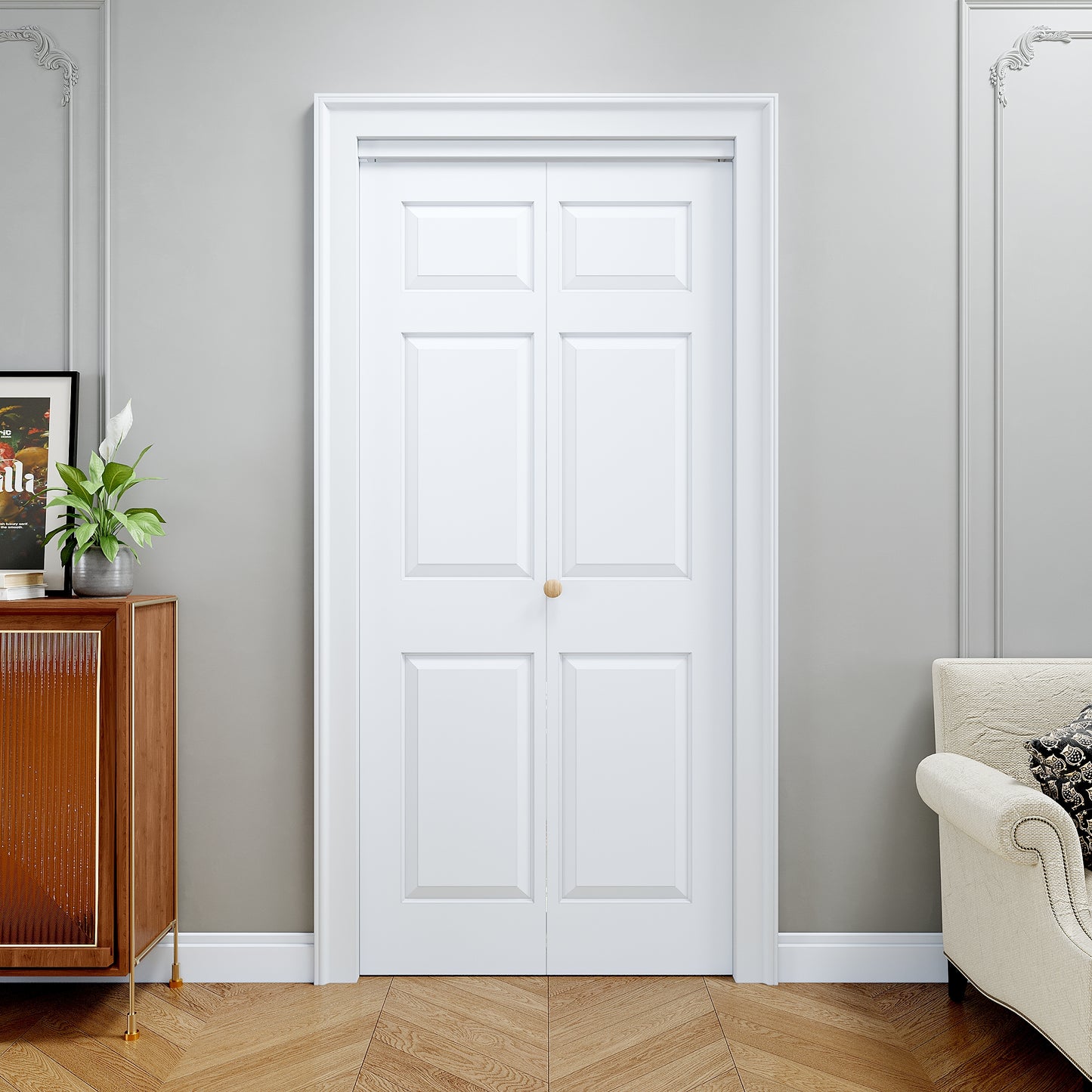[Paintable] JUJUBON 6 Panel BiFold Doors, Hardware Kit Included, Interior Folding Door Pre-Drilled Holes Easy Assembly,White