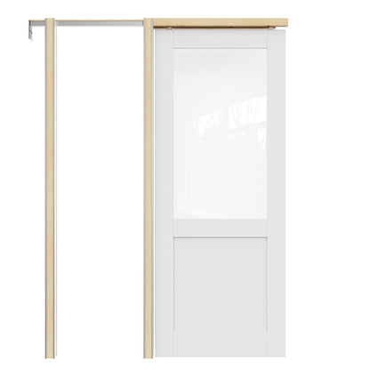 Jujubon Half-Lite Clear Glass Pocket Door with Hardware Kit & Soft Close & Frame, MDF Wood & Paint-grade Finished, White