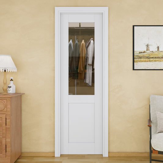 Jujubon Half-Lite Clear Glass Pocket Door with Hardware Kit & Soft Close & Frame, MDF Wood & Paint-grade Finished, White