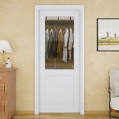 Jujubon Half-Lite Clear Glass Pocket Door with Hardware Kit & Soft Close & Frame, MDF Wood & Paint-grade Finished, White