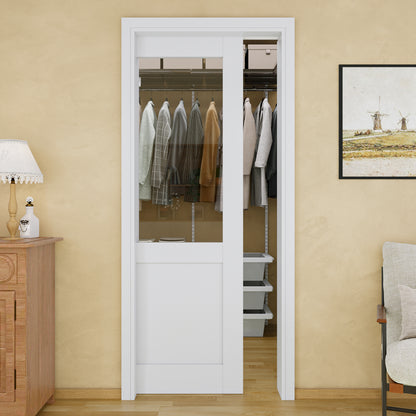 Jujubon Half-Lite Clear Glass Pocket Door with Hardware Kit & Soft Close & Frame, MDF Wood & Paint-grade Finished, White