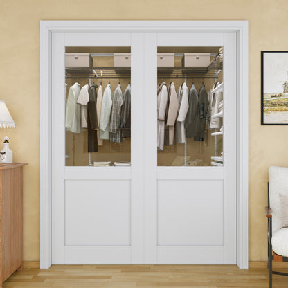 Jujubon Half-Lite Clear Glass Pocket Door with Hardware Kit & Soft Close & Frame, MDF Wood & Paint-grade Finished, White