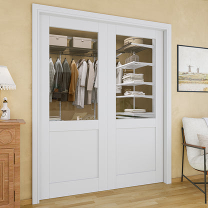 Jujubon Half-Lite Clear Glass Pocket Door with Hardware Kit & Soft Close & Frame, MDF Wood & Paint-grade Finished, White