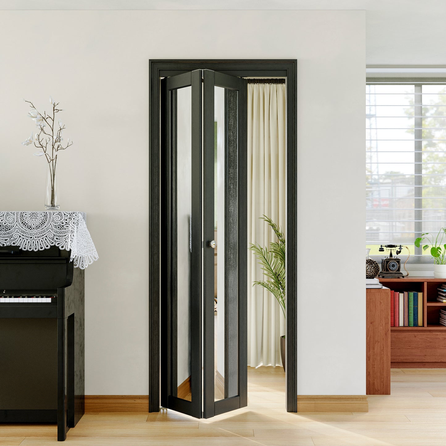 JUJUBON Bi-Fold Doors, 1-Lite Black Mirrored Closet Door with Hardware Kit, Solid MDF Interior Folding Door Easy Install-Black
