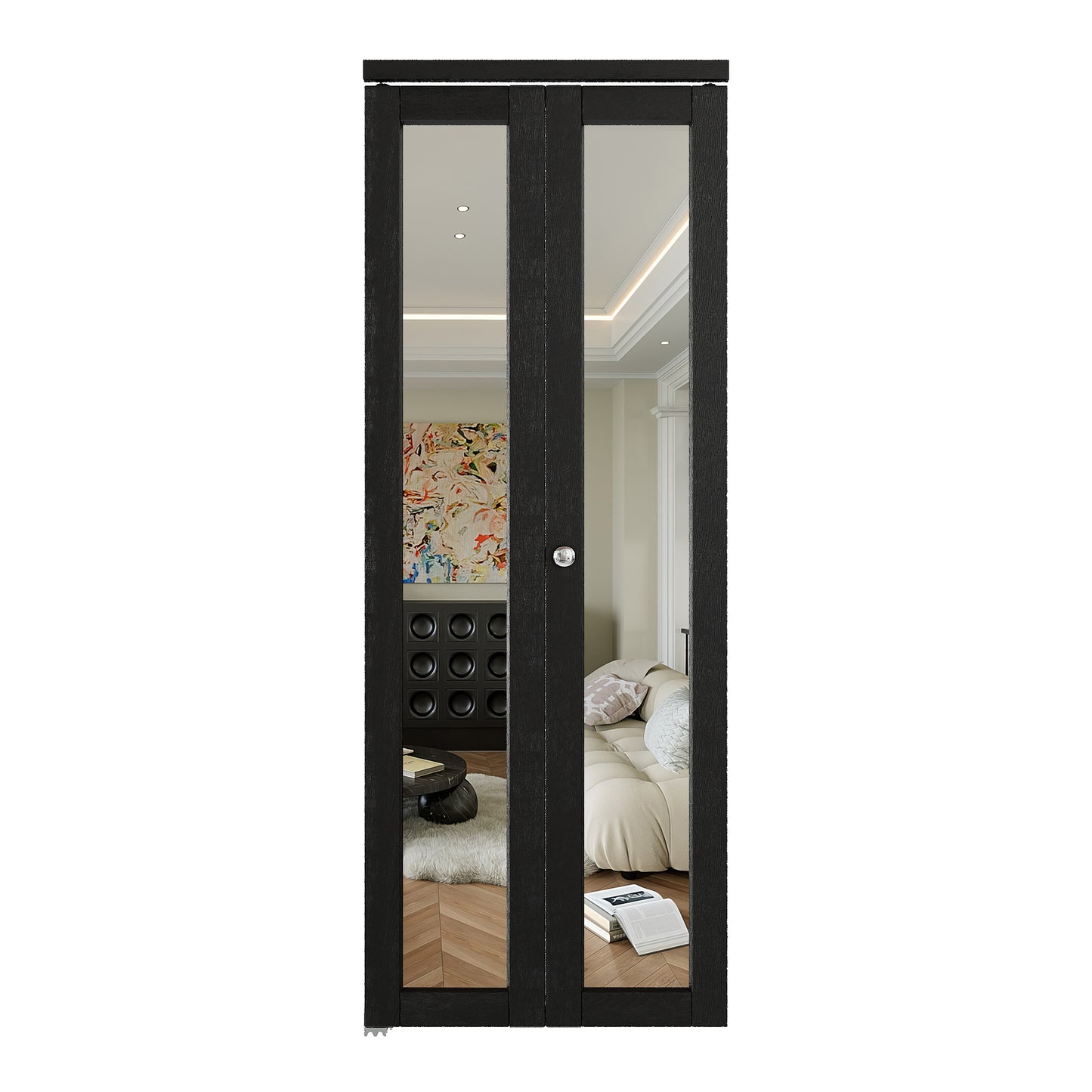JUJUBON Bi-Fold Doors, 1-Lite Black Mirrored Closet Door with Hardware Kit, Solid MDF Interior Folding Door Easy Install-Black