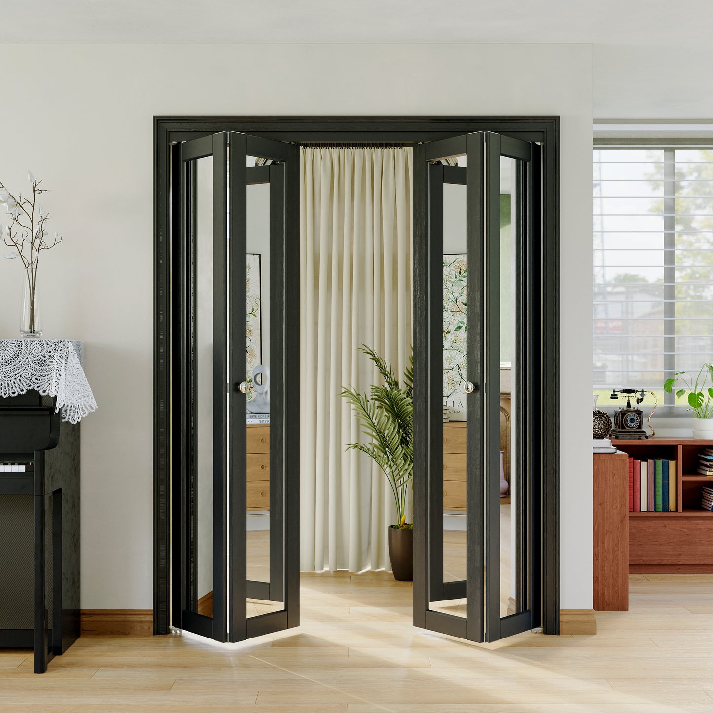 JUJUBON Bi-Fold Doors, 1-Lite Black Mirrored Closet Door with Hardware Kit, Solid MDF Interior Folding Door Easy Install-Black