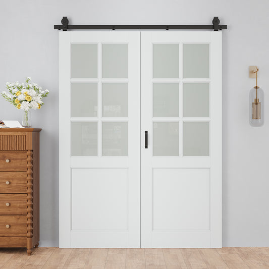 Paintable Bifold Barn Door, 6-Lite Tempered Frosted Glass Barn Door Bifold Closet Doors with Hardware Kit Included, Water-Resistant Pre-Assembled MDF Panels, Smooth Sliding Easy Install
