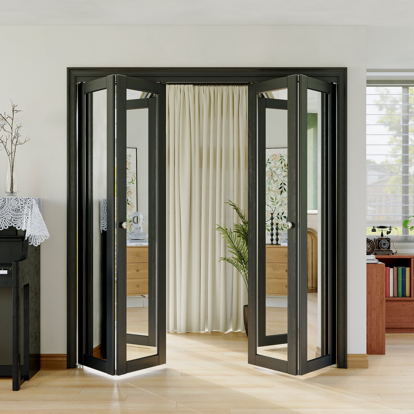 JUJUBON Bi-Fold Doors, 1-Lite Black Mirrored Closet Door with Hardware Kit, Solid MDF Interior Folding Door Easy Install-Black