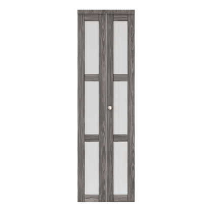 JUJUBON Bi-Fold Doors, 3-Lite Tempered Frosted Glass Closet Door Hardware Kit Included, Interior Folding Door Pre-Drilled Easy Assembly, Ancient Wood Color
