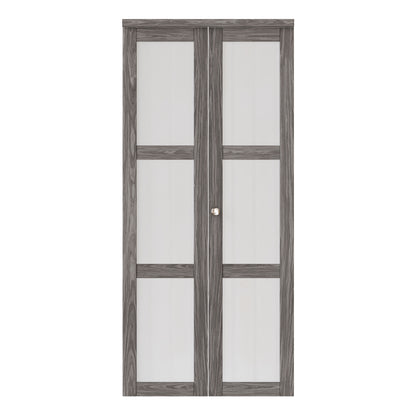 JUJUBON Bi-Fold Doors, 3-Lite Tempered Frosted Glass Closet Door Hardware Kit Included, Interior Folding Door Pre-Drilled Easy Assembly, Ancient Wood Color