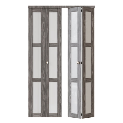 JUJUBON Bi-Fold Doors, 3-Lite Tempered Frosted Glass Closet Door Hardware Kit Included, Interior Folding Door Pre-Drilled Easy Assembly, Ancient Wood Color