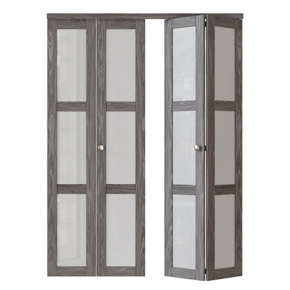 JUJUBON Bi-Fold Doors, 3-Lite Tempered Frosted Glass Closet Door Hardware Kit Included, Interior Folding Door Pre-Drilled Easy Assembly, Ancient Wood Color