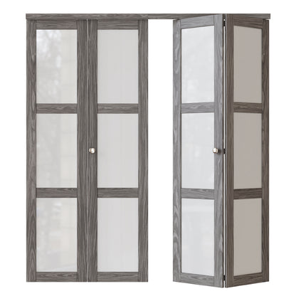 JUJUBON Bi-Fold Doors, 3-Lite Tempered Frosted Glass Closet Door Hardware Kit Included, Interior Folding Door Pre-Drilled Easy Assembly, Ancient Wood Color