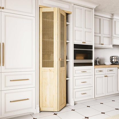 JUJUBON  Rattan Bifold Closet Door, Cane Webbing & Pine Wood Interior Door Slab, Folding Barn Door Interior with Hardware, Fascia & Knob, Unfnished Smooth Surface