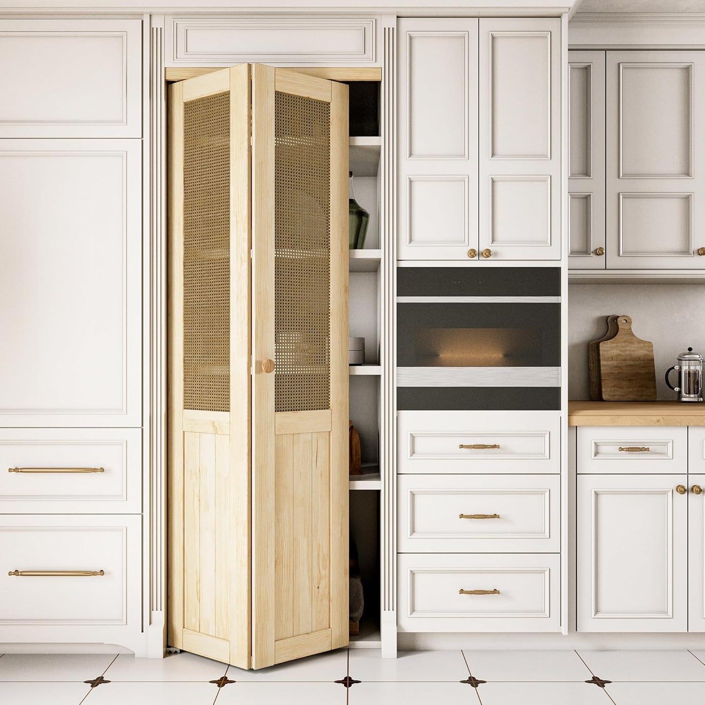 JUJUBON  Rattan Bifold Closet Door, Cane Webbing & Pine Wood Interior Door Slab, Folding Barn Door Interior with Hardware, Fascia & Knob, Unfnished Smooth Surface