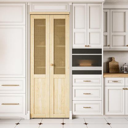 JUJUBON  Rattan Bifold Closet Door, Cane Webbing & Pine Wood Interior Door Slab, Folding Barn Door Interior with Hardware, Fascia & Knob, Unfnished Smooth Surface