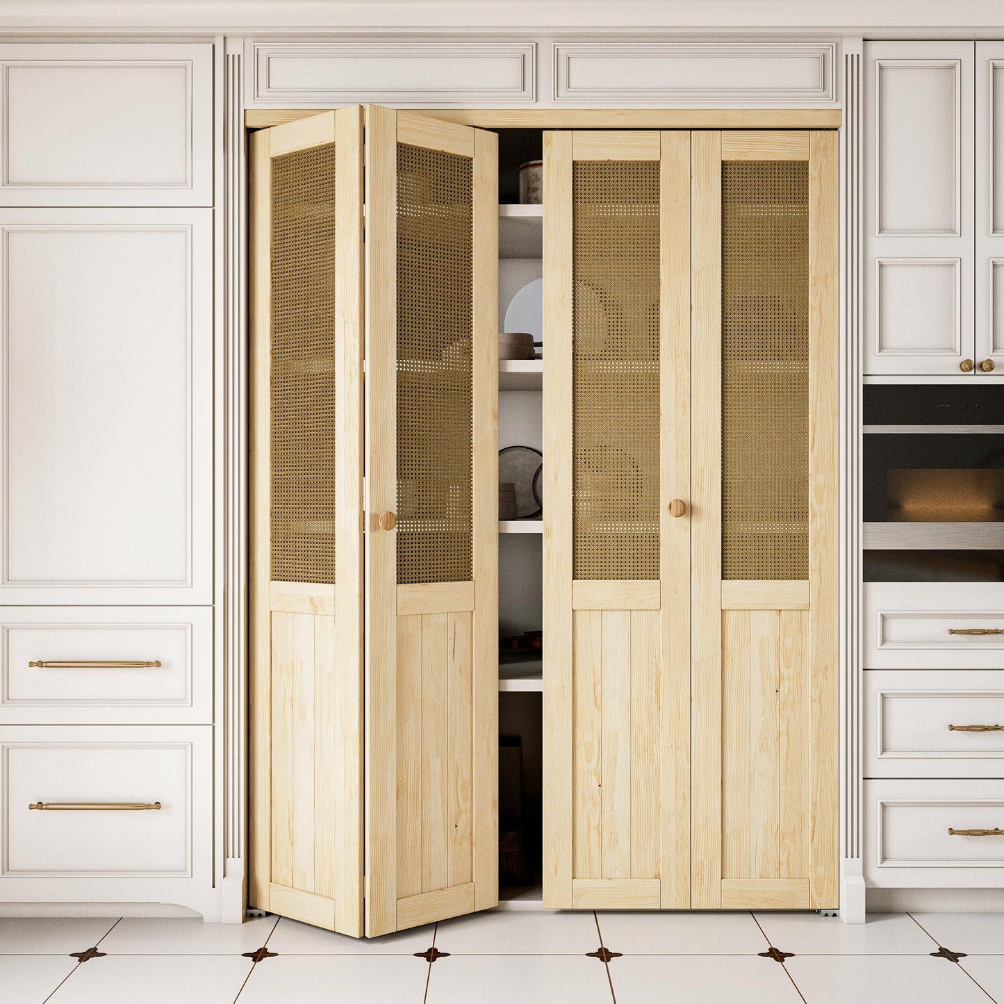 JUJUBON  Rattan Bifold Closet Door, Cane Webbing & Pine Wood Interior Door Slab, Folding Barn Door Interior with Hardware, Fascia & Knob, Unfnished Smooth Surface