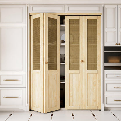 JUJUBON  Rattan Bifold Closet Door, Cane Webbing & Pine Wood Interior Door Slab, Folding Barn Door Interior with Hardware, Fascia & Knob, Unfnished Smooth Surface