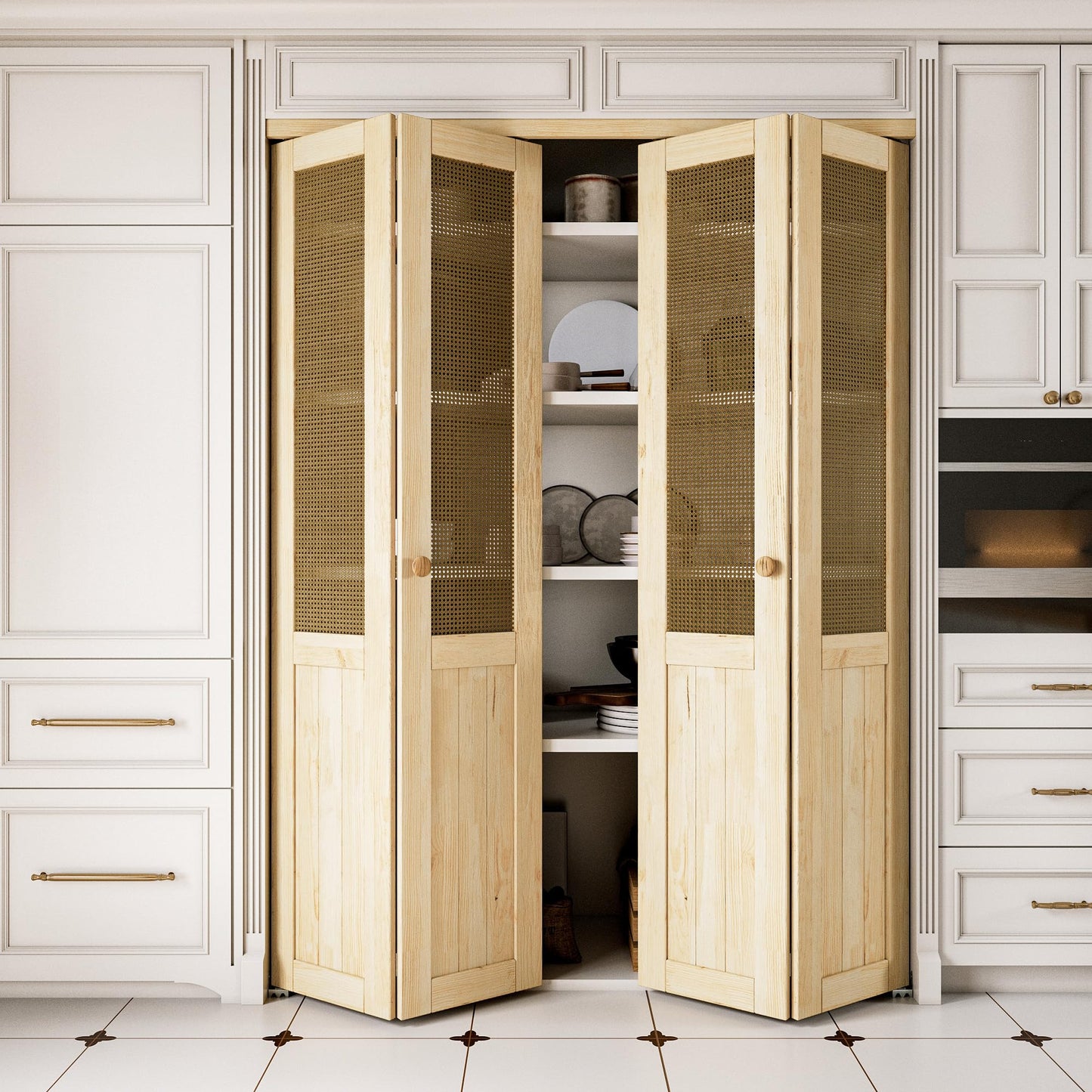 JUJUBON  Rattan Bifold Closet Door, Cane Webbing & Pine Wood Interior Door Slab, Folding Barn Door Interior with Hardware, Fascia & Knob, Unfnished Smooth Surface