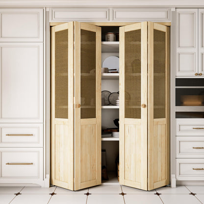 JUJUBON  Rattan Bifold Closet Door, Cane Webbing & Pine Wood Interior Door Slab, Folding Barn Door Interior with Hardware, Fascia & Knob, Unfnished Smooth Surface