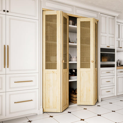JUJUBON  Rattan Bifold Closet Door, Cane Webbing & Pine Wood Interior Door Slab, Folding Barn Door Interior with Hardware, Fascia & Knob, Unfnished Smooth Surface