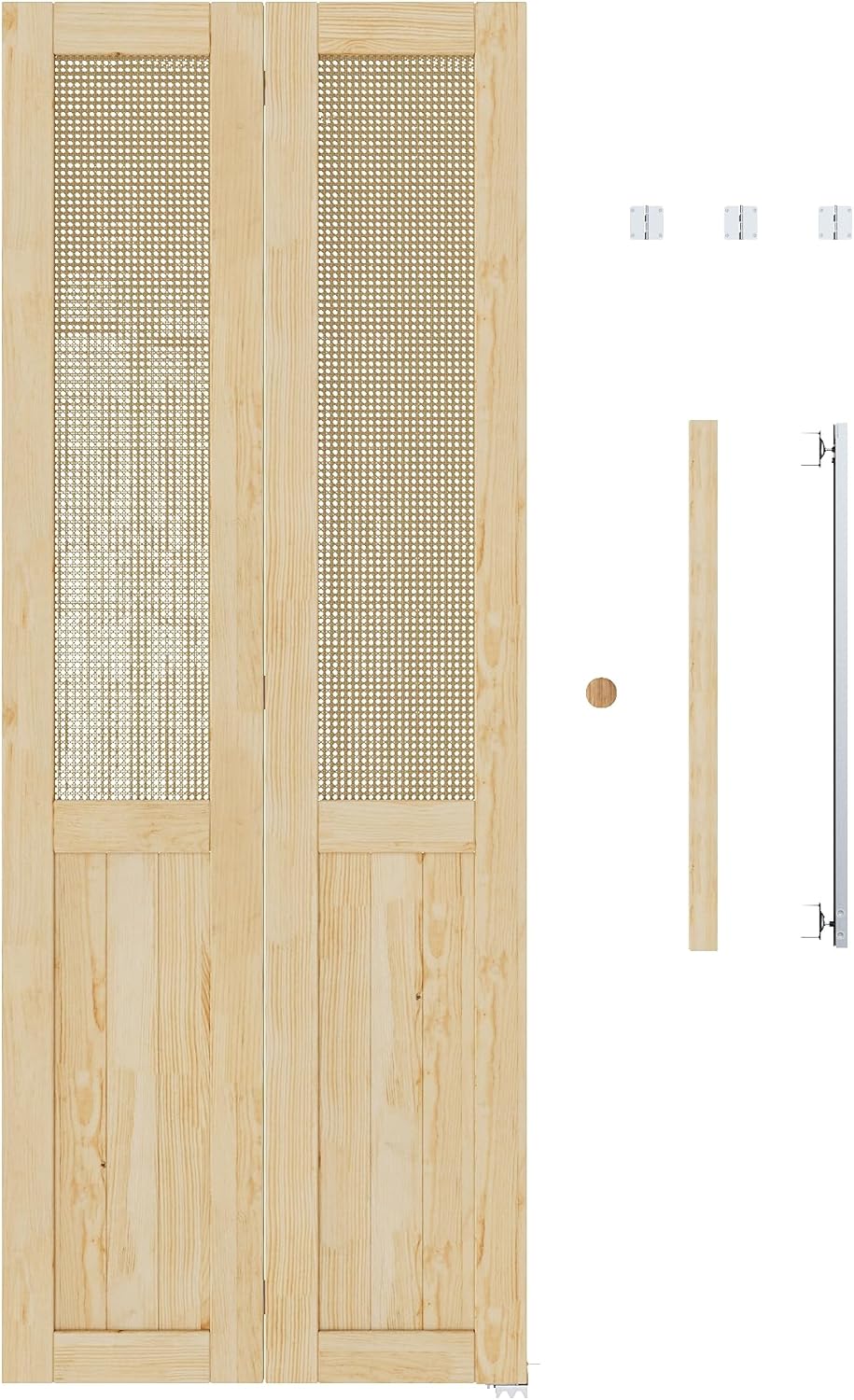 JUJUBON  Rattan Bifold Closet Door, Cane Webbing & Pine Wood Interior Door Slab, Folding Barn Door Interior with Hardware, Fascia & Knob, Unfnished Smooth Surface