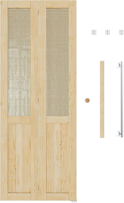 JUJUBON  Rattan Bifold Closet Door, Cane Webbing & Pine Wood Interior Door Slab, Folding Barn Door Interior with Hardware, Fascia & Knob, Unfnished Smooth Surface