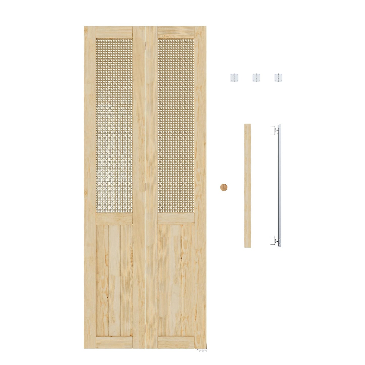 JUJUBON  Rattan Bifold Closet Door, Cane Webbing & Pine Wood Interior Door Slab, Folding Barn Door Interior with Hardware, Fascia & Knob, Unfnished Smooth Surface
